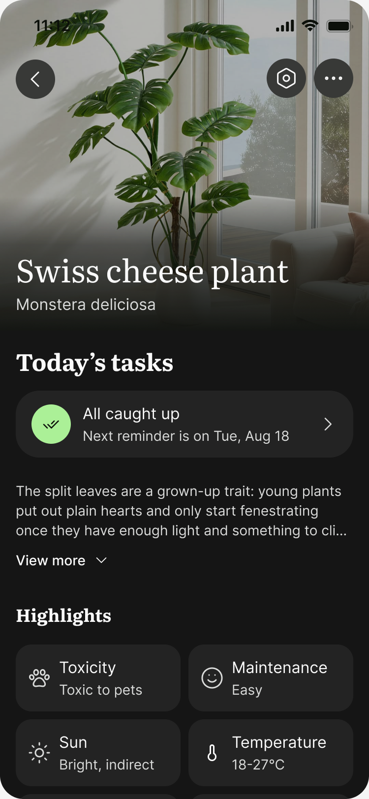 Cultum's page for a Swiss cheese plant, with today's tasks and care highlights
