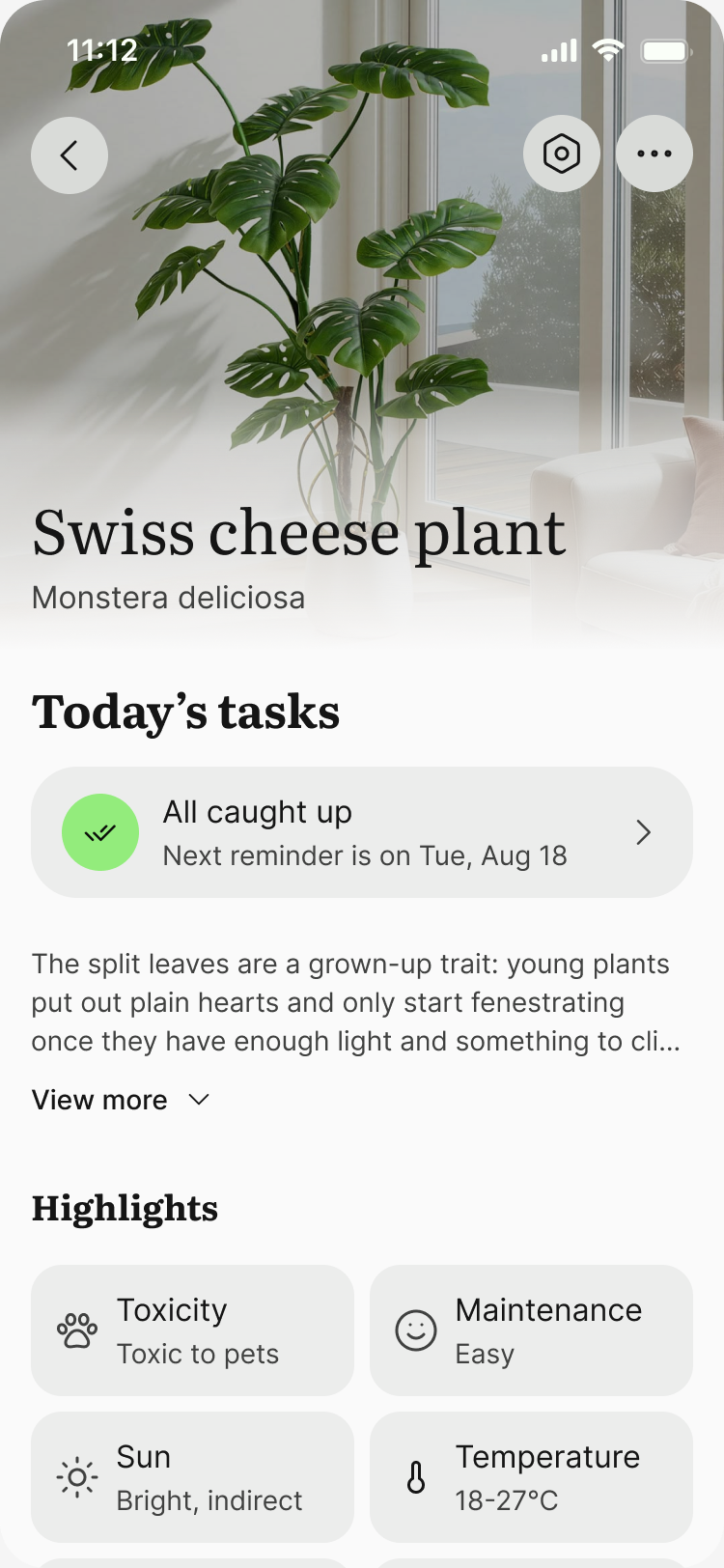 Cultum's page for a Swiss cheese plant, with today's tasks and care highlights