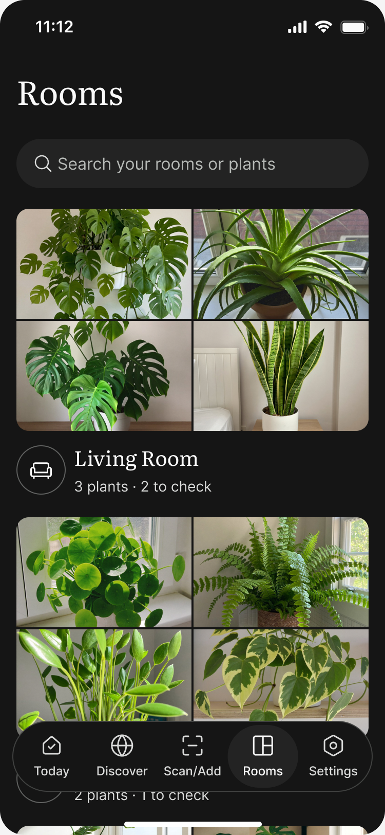 Cultum's Rooms screen, grouping plant photos by room