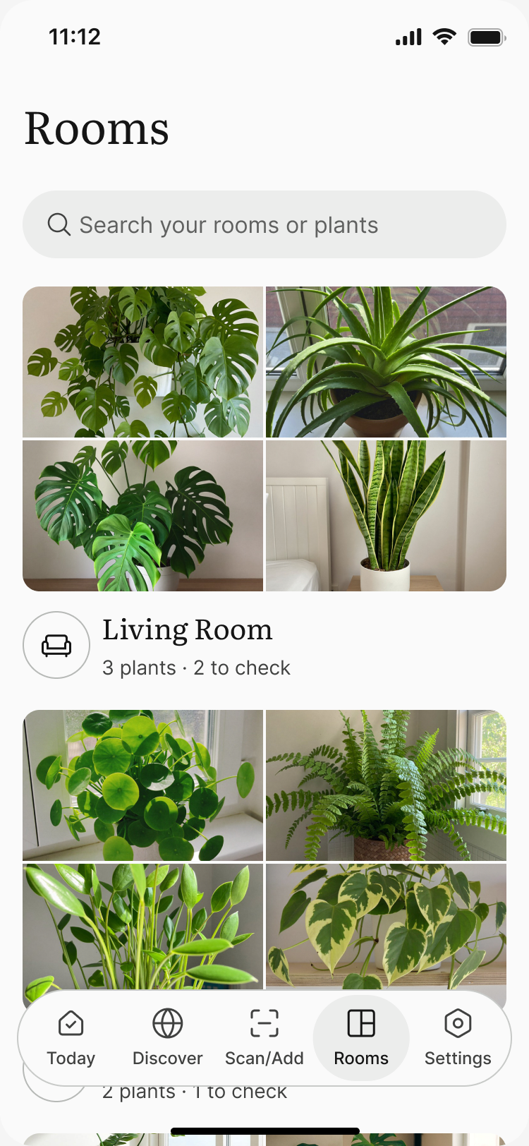 Cultum's Rooms screen, grouping plant photos by room
