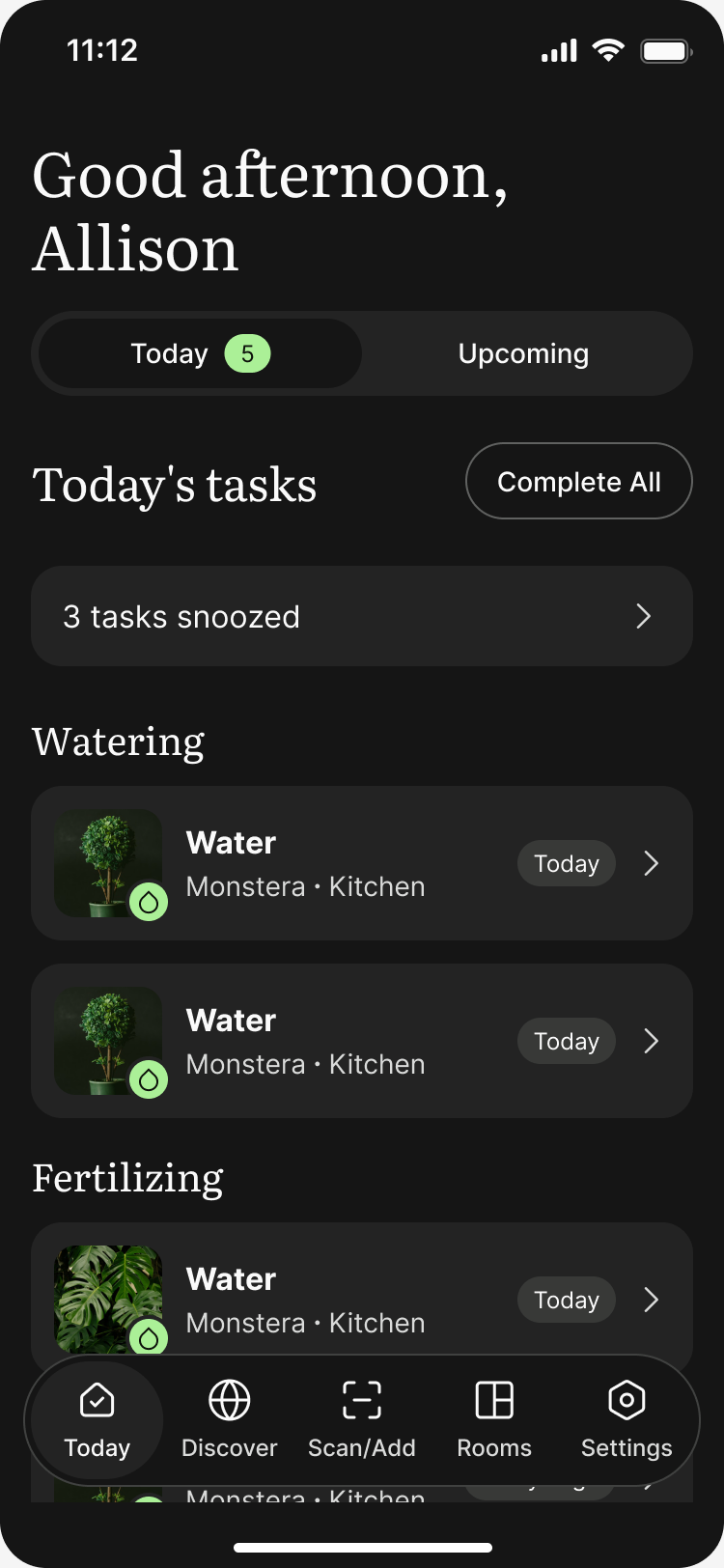 Cultum's Today screen listing watering and fertilizing tasks for each plant