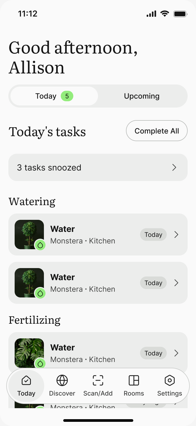 Cultum's Today screen listing watering and fertilizing tasks for each plant