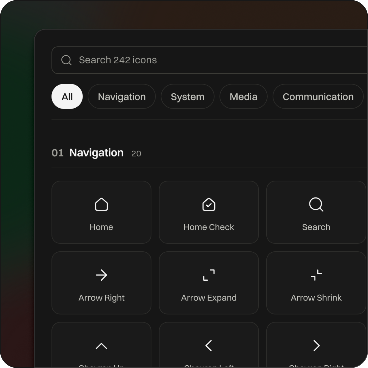 The CORE Icons page in dark: search, category filters and a grid of icons grouped by category
