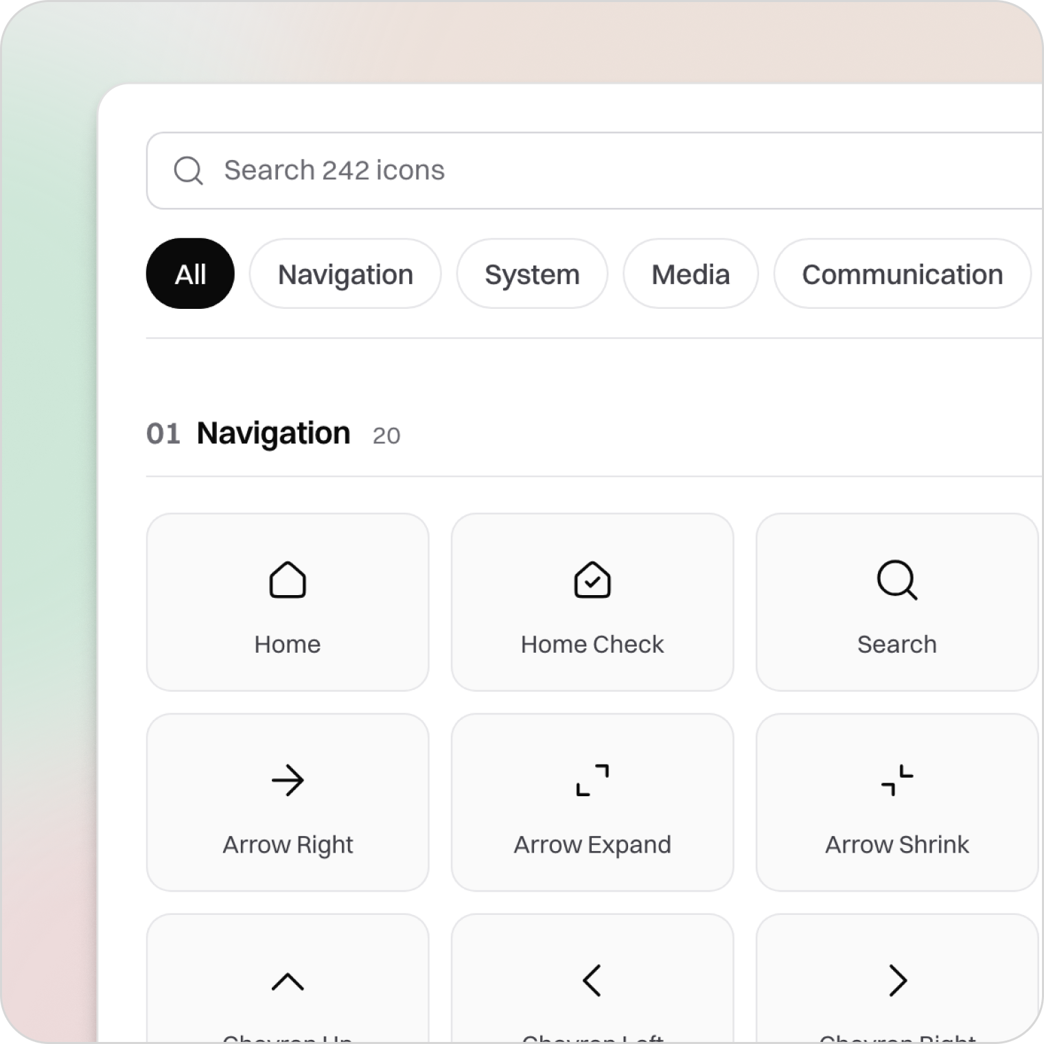 The CORE Icons page: search, category filters and a grid of icons grouped by category
