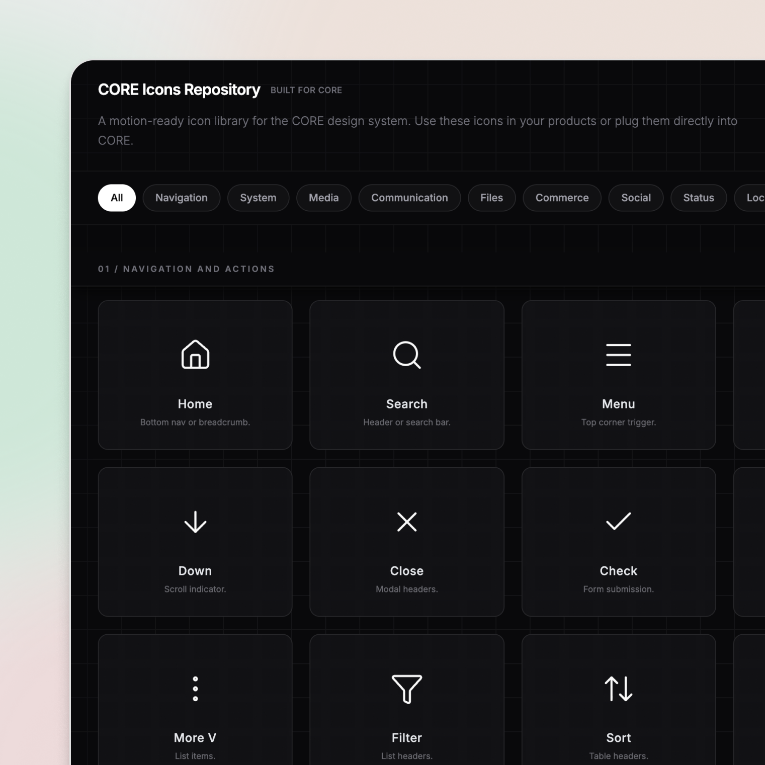 The CORE Icons repository: a searchable grid of icons grouped by category