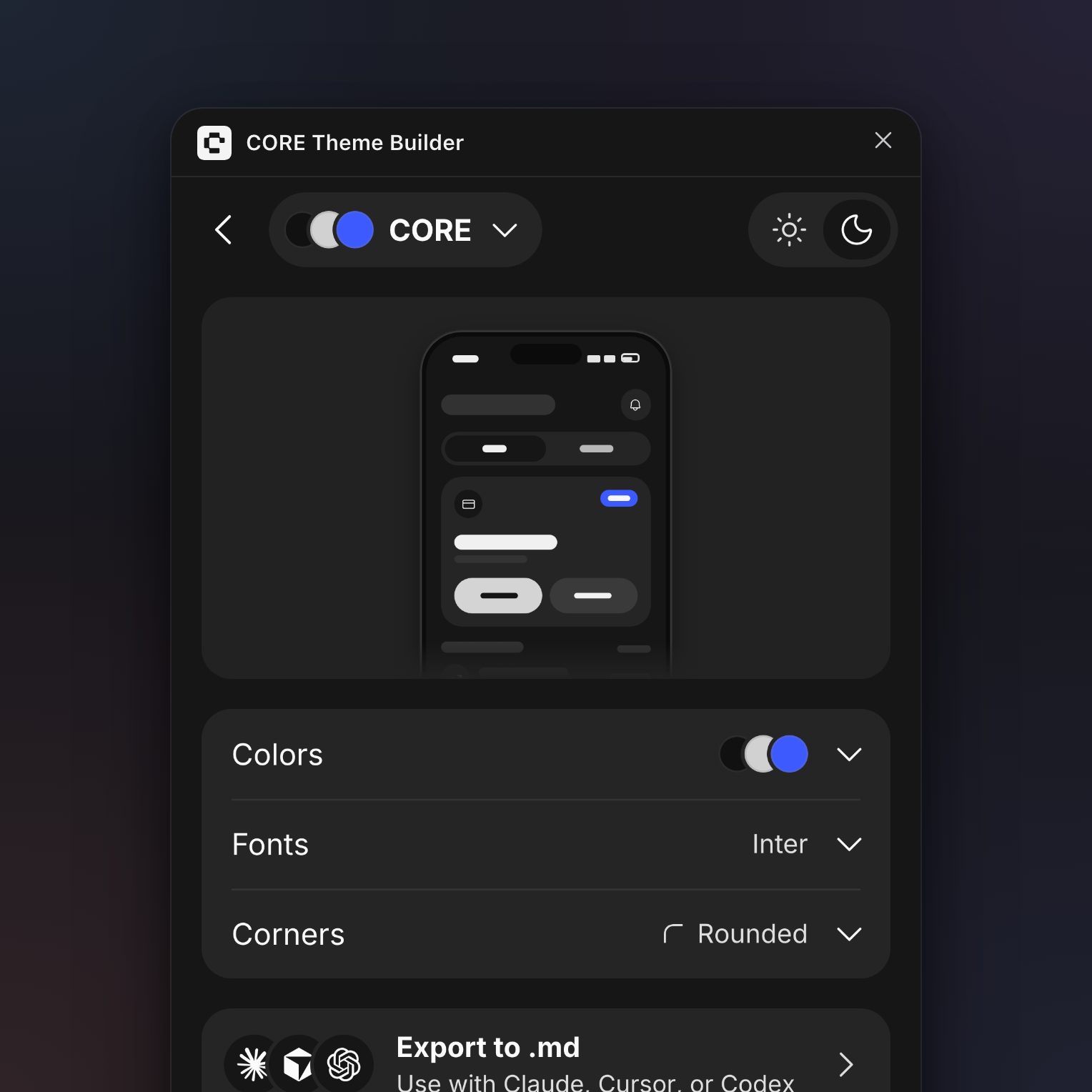 The CORE Theme Builder plugin in dark mode, previewing the default CORE theme on a dark phone with its colors