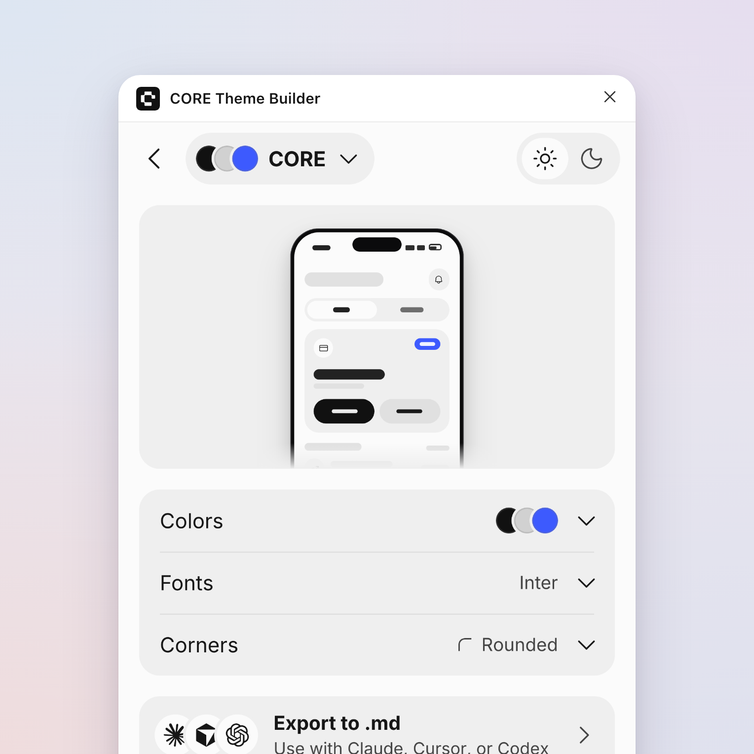 The CORE Theme Builder plugin in Figma, previewing the default CORE theme on a phone with its colors