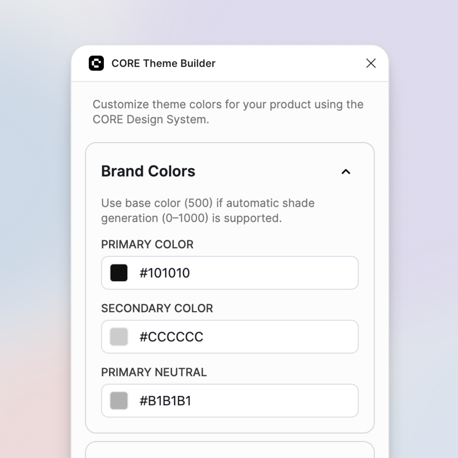 The CORE Theme Builder plugin in Figma, with fields for the primary, secondary and neutral brand colors